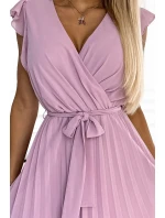 374-3 POLINA Plisované šaty s výstrihom a volánikmi - DARK RED