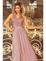 LEA - Dlhé dámske šaty vo farbe taupe bez rukávov, s vyšívaným výstrihom 215-5 LEA - Dlhé dámske šaty vo farbe taupe bez rukávov, s vyšívaným výstrihom 215-5