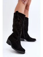 Zazoo 4043 Zamszowe Kozaki Na Niskim Obcasie Ażurowe Czarne