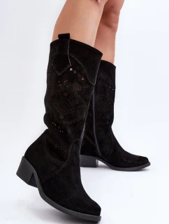 Zazoo 4043 Zamszowe Kozaki Na Niskim Obcasie Ażurowe Czarne
