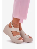 Skórzane Sandały Damskie Na Koturnie I Platformie S.Barski LR51-540 Beżowe Skórzane Sandały Damskie Na Koturnie I Platformie S.Barski LR51-540 Beżowe