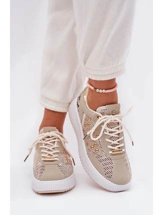 Buty Sportowe Damskie Z Siateczką I Ćwiekami Beżowe Ogalda