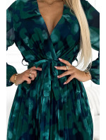 YSABEL - Plisované dámske šaty s výstrihom, dlhými rukávmi, opaskom a so zeleným vzorom 415-4