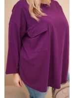 Dámska blúzka Plus Size s bavlnou, vreckom a vyhrnutými rukávmi tmavo fialová