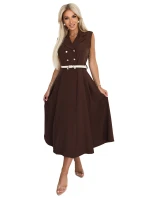 596-4 Elegantná midi košeľa so zlatými gombíkmi a opaskom - CHOCOLATE 596-4 Elegantná midi košeľa so zlatými gombíkmi a opaskom - CHOCOLATE