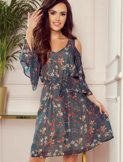 292-2 MARINA splývavé šaty s výstrihom - ZELENÉ S KVETMI