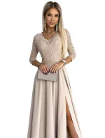 309-10 AMBER čipkované elegantné dlhé šaty s výstrihom a rozparkom na nohách - BEACH