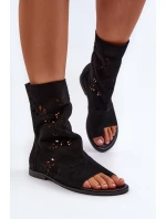 Zazoo 3437 Damskie Zamszowe Sandały Z Cholewką Na Zamek Czarne