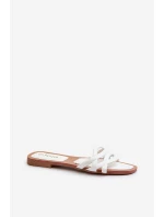 Klapki Damskie Eko Skórzane Na Płaskim Obcasie Białe Moldela