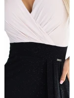 451-3 Trblietavé šaty s krátkymi rukávmi, výstrihom a rozparkom na nohách - čierno-béžové s trblietkami