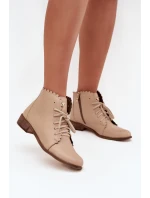 Zazoo 2964 Skórzane Botki Na Płaskim Obcasie Beżowe
