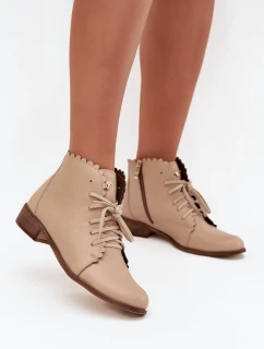 Zazoo 2964 Skórzane Botki Na Płaskim Obcasie Beżowe