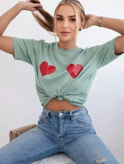 Bavlnená blúzka s potlačou srdca tmavá mentolová