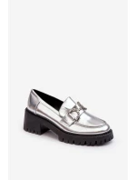 Damskie Skórzane Półbuty Na Masywnym Obcasie Srebrne Lemmitty