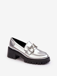 Damskie Skórzane Półbuty Na Masywnym Obcasie Srebrne Lemmitty