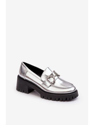 Damskie Skórzane Półbuty Na Masywnym Obcasie Srebrne Lemmitty