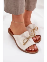 Skórzane Płaskie Eleganckie Klapki Z Kokardką Lewski 3572 Złoty Przecierany