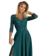 AMBER - Elegantné dlhé dámske krajkové šaty vo fľaškovo zelenej farbe s výstrihom 309-5