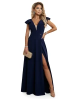 660-1 Elegantné maxi šaty s volánmi, hlbokým výstrihom a rozparkom na nohách - tmavomodré