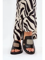 Klapki Damskie Na Koturnie Eko Skórzane Z Ozdobą Czarne Sarela