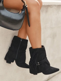 Botki Damskie Na Słupku Z Frędzlami I Złotymi Klamrami Czarne Evelisse