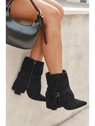 Botki Damskie Na Słupku Z Frędzlami I Złotymi Klamrami Czarne Evelisse