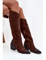 Kozaki Kowbojki Damskie Na Obcasie Z Naturalnego Zamszu Artiker 57C0230 Brązowe