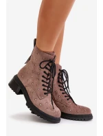 Zdobione Botki Workery Damskie Ocieplane D&A MR880-017 Taupe
