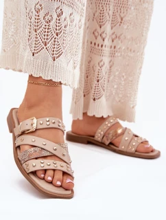 Zdobione Klapki Damskie Na Płaskim Obcasie Z Paskami I Klamrą Beżowe Manitte