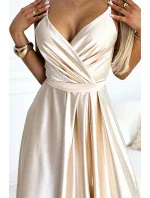 512-3 JULIET elegantné dlhé saténové šaty s výstrihom a rozparkom na nohách - BEACH