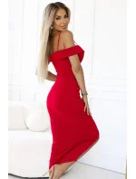 564-10 CALLIE Midi šaty s odhalenými ramenami a výstrihom - ČERVENÉ 564-10 CALLIE Midi šaty s odhalenými ramenami a výstrihom - ČERVENÉ