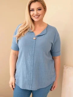 Dámske bavlnené Plus veľkosť blúzka s výstrihom na gombíky Denim