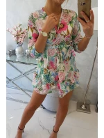 Kvetinové šaty s viazaním v páse ecru