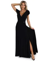 411-12 CRYSTAL lesklé dlhé šaty s výstrihom - BLACK