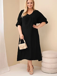 Dámske plus size šaty z bavlneného mušelínu s výstrihom do V čierne