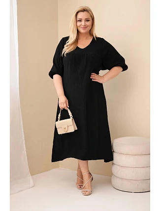 Dámske plus size šaty z bavlneného mušelínu s výstrihom do V čierne