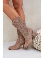 Ażurowe Kozaki Kowbojki Do Połowy Łydki S.Barski HY51-238 Beżowe