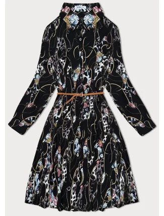Dámske čierne kvetinové plisované šaty s golierom (Z-56) Dámske čierne kvetinové plisované šaty s golierom (Z-56)