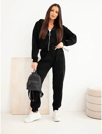 Dámska súprava z viskózy s rebrovaným vzorom, pozostávajúca z mikiny s kapucňou a nohavíc, čierna