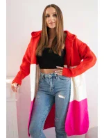 Pruhovaný sveter s kapucňou červený+ružový+ružový neón