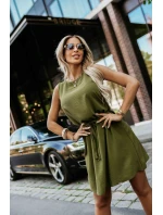 296-14 VICTORIA Trapézové šaty bez rukávov so zaväzovaním v páse - khaki
