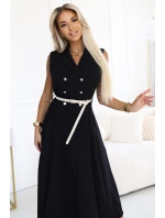 596-3 Elegantná midi košeľa so zlatými gombíkmi a opaskom - ČIERNA