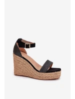 Sandały Damskie Na Koturnie Z Plecionką Czarne Adelio
