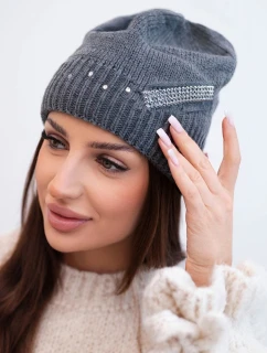 Dámska zimná vlnená čiapka s kryštálovým pásom K402 graphite