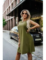 296-14 VICTORIA Trapézové šaty bez rukávov so zaväzovaním v páse - khaki