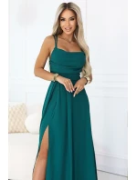 589-6 Maxi šaty bez ramienok s korzetovým zaväzovaním vzadu a rozparkom - fľaškovo zelené