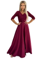 309-9 AMBER elegantné dlhé maxi šaty s čipkovým výstrihom - Bordeaux