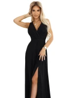 587-1 MONIQUE dlhé exkluzívne šaty s výstrihom a rozparkom na nohách - ČIERNE s trblietkami 587-1 MONIQUE dlhé exkluzívne šaty s výstrihom a rozparkom na nohách - ČIERNE s trblietkami