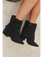 Botki Damskie Na Słupku Z Frędzlami I Złotymi Klamrami Czarne Evelisse