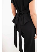 Dámsky mäkký pletený set s blúzkou s krátkym rukávom a širokými nohavicami čiernej farby